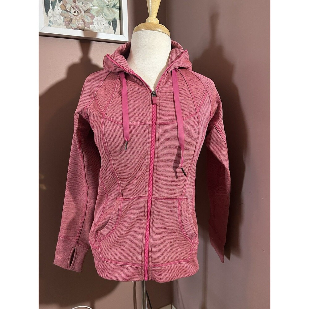 Athleta Stretch Fleece Lined Zip Up Hoodie Jacket Womens Size Small Pink Stripes